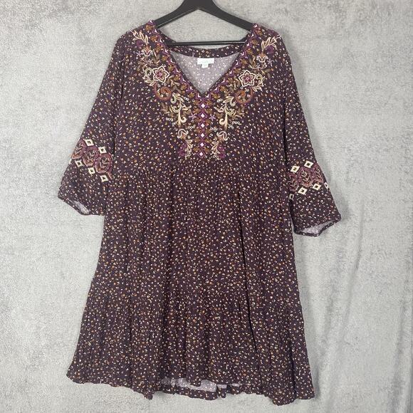 J Jill Dress Women 2X Boho Embroidered Babydoll Peasant Midi Purple Floral Fall - Picture 1 of 14